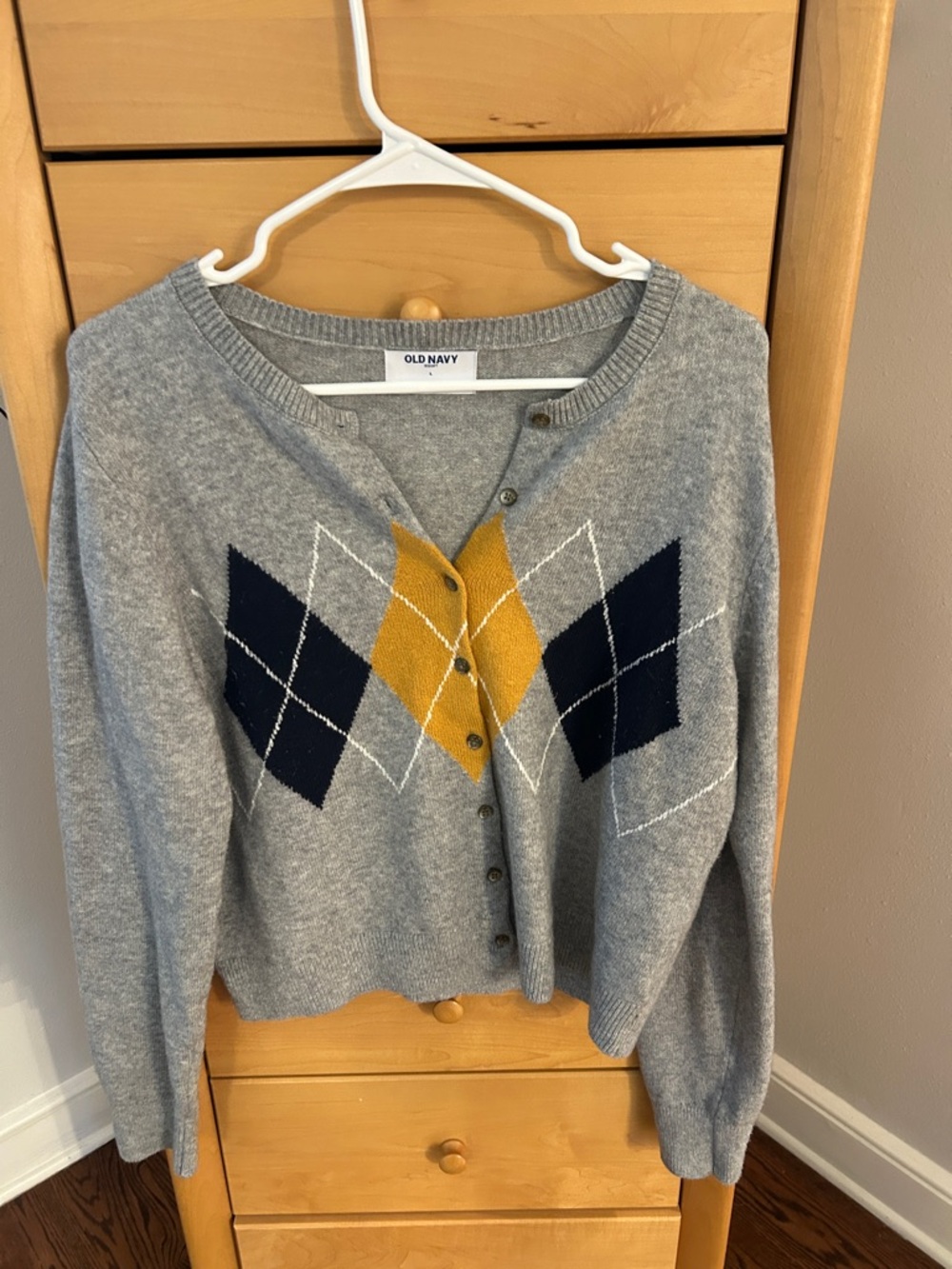 Old Navy Gray Cardigan with Navy and Mustard Argyle, Large